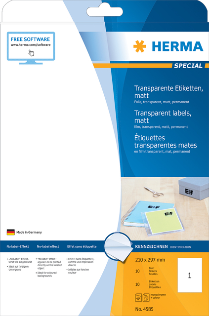 Etiquette HERMA 4585 210x297mm résiste aux intempéries transparent mat 10 pièces