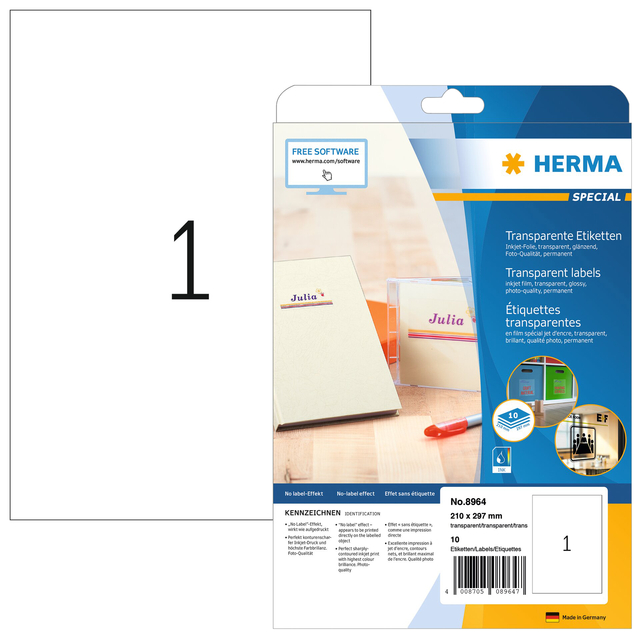 Etiquette HERMA 210x297mm transparente brillante 10 pièces