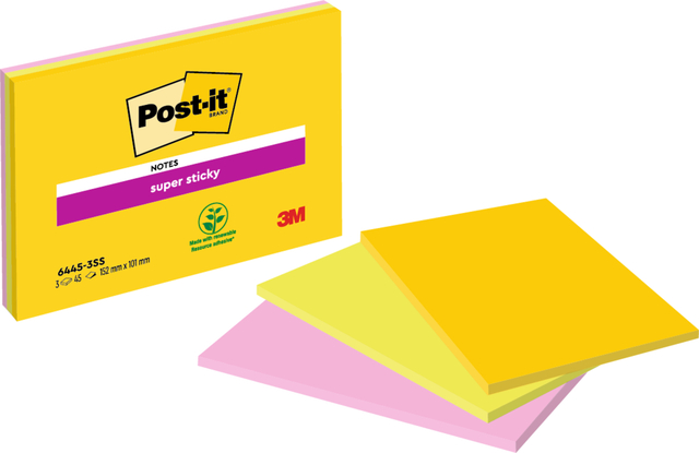 Bloc-mémos Post-it 6445 Super Sticky 152x101mm assorti 3 pièces