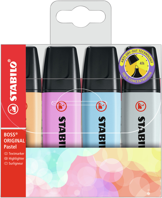 Markeerstift STABILO BOSS Original 70/4 pastel incl grijs ass 4st