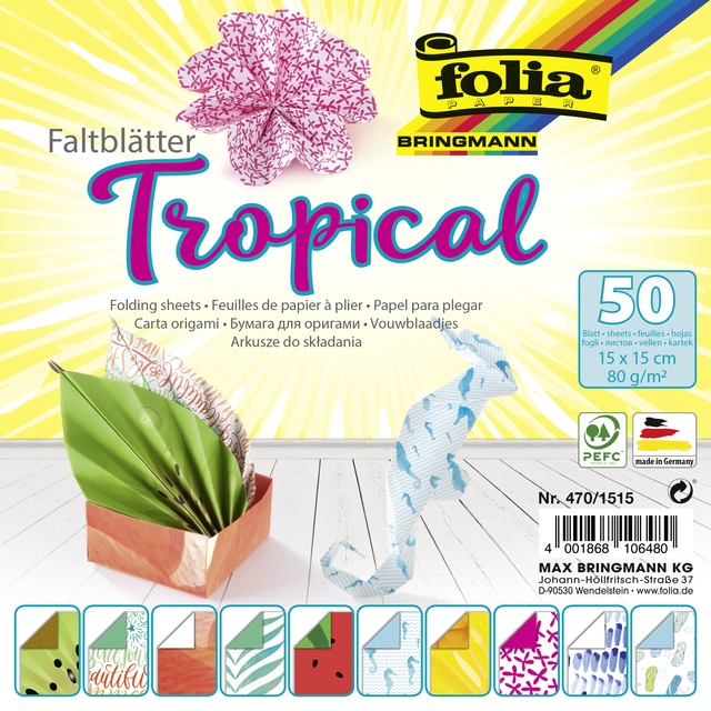 Papier à plier Folia double-face 80g 15x15cm 50 feuilles 10 design tropical