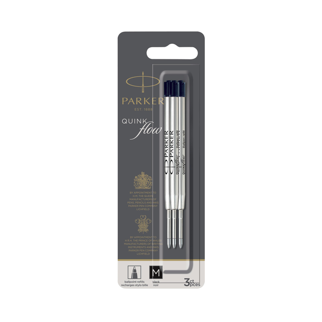Recharge stylo bille Parker Quinkflow Medium noir blister 3 pièces