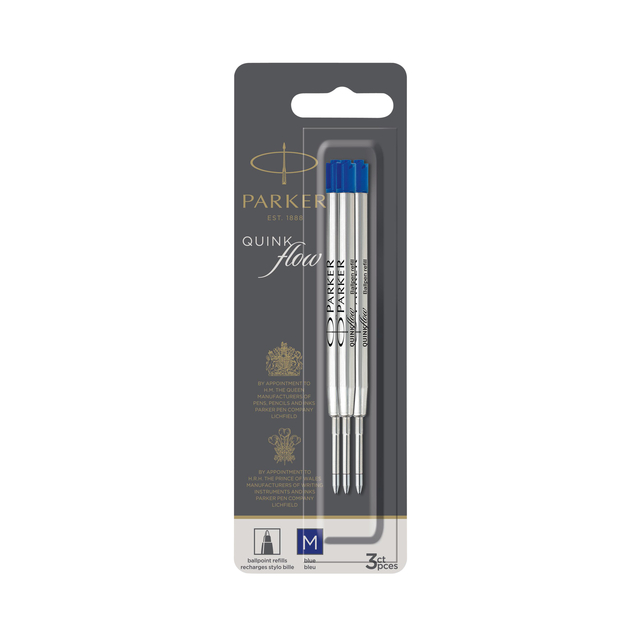 Recharge stylo bille Parker Quinkflow Medium bleu blister 3 pièces
