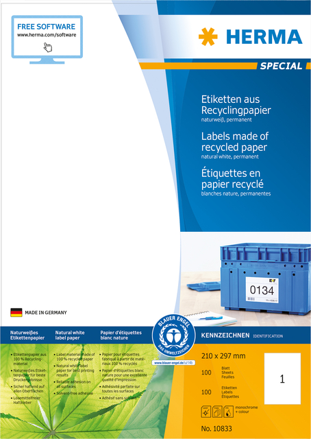 Etiket HERMA recycling 10833 210x297mm 100stuks wit