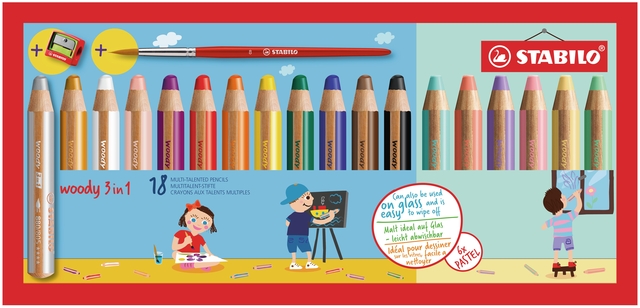 Crayon de couleur STABILO 880 Woody 3-en-1 + taille-crayon et pinceau ass étui 18pcsec taille-crayon