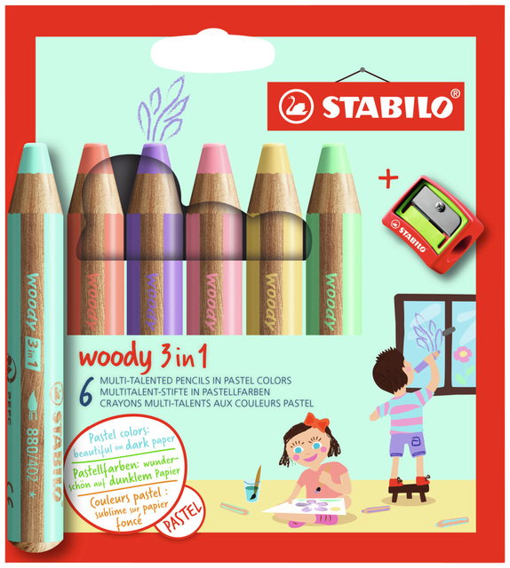 Crayon STABILO 880 Woody set 6 couleurs pastel avec taille-crayon
