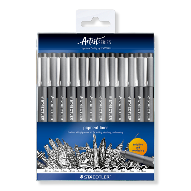Fineliner Staedtler Pigment 308 zwart set à 12 breedtes