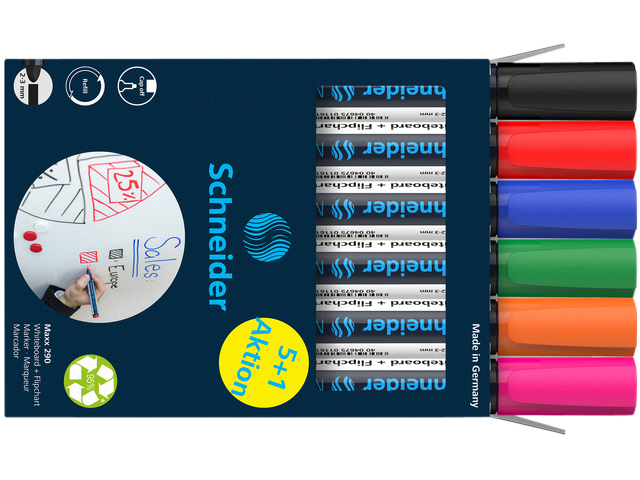 Marqueur tableau blanc Schneider Maxx 290 ogive 2-3mm assorti 5+1 gratuit