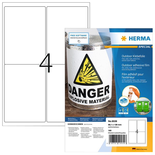 Etiquette HERMA 9539 99,1x139mm résistante intempéries blanc 160pcs