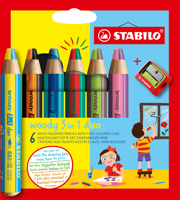 Crayon STABILO 882 Woody 3-en-1 Duo étui 6 pièces + taille-crayon