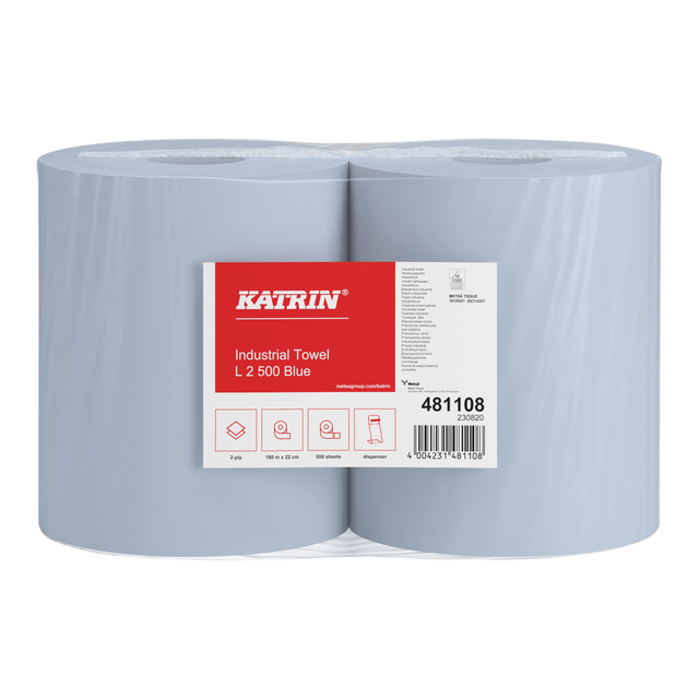 Papier d'essuyage Katrin Industrial 481108 grand 2 épaisseurs 500 feuilles bleu