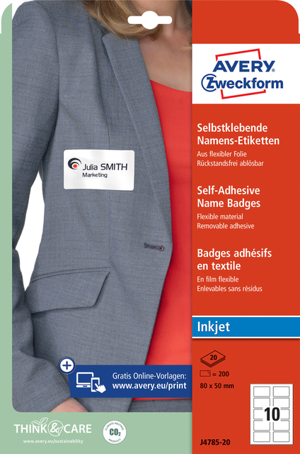 Badge adhésif Avery J4785-20 80x50mm blanc 200 pièces