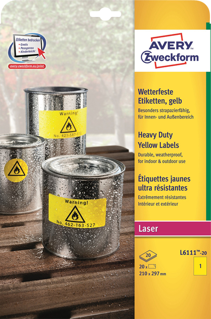 Etiquette Avery L6111-20 210x297mm jaune 20 pièces