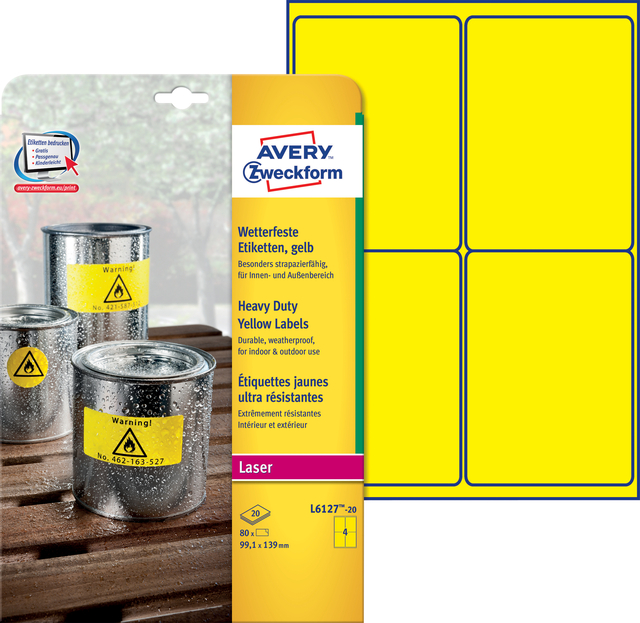 Etiquette Avery L6137-20 99,1x139mm jaune 80 pièces
