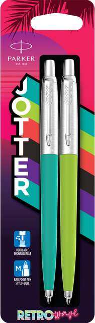 Balpen Parker Jotter Original 80's Retrowave duo turquoise en appelgroen CT medium blister à 2 stuks