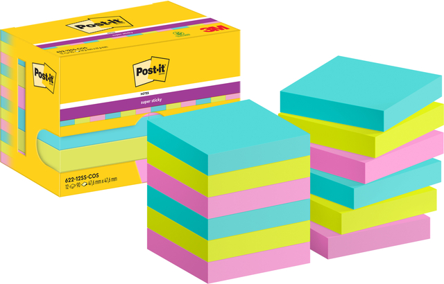 Bloc-mémos Post-it 622 Super Sticky 47,6x47,6mm Cosmic 12 pièces