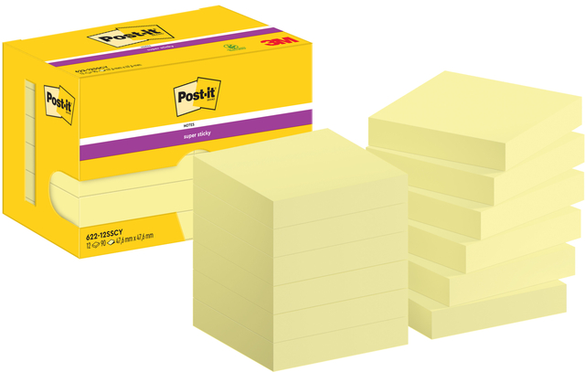 Bloc-mémos Post-it 622 Super Sticky 47,6x47,6mm jaune 12 pièces