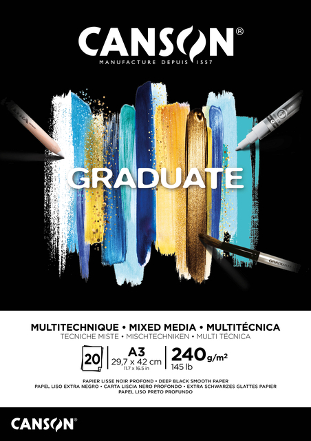 Mixed mediapapier Canson Graduate Mixed Media 20vel 240gr A3 zwart
