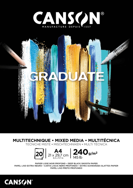 Mixed mediapapier Canson Graduate Mixed Media 20vel 240gr A4 zwart