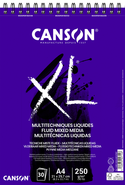 Bloc à dessin Canson XL Multitechniques liquides A4 30 feuilles 250g ultra blanc