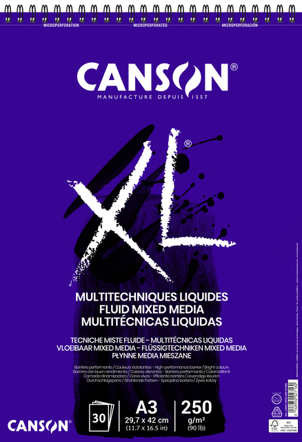 Bloc à dessin Canson XL Multitechniques liquides A3 30 feuilles 250g ultra blanc