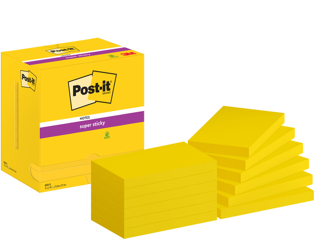 Bloc-mémos Post-it 655 Super Sticky 76x127mm néon jaune 12 pièces