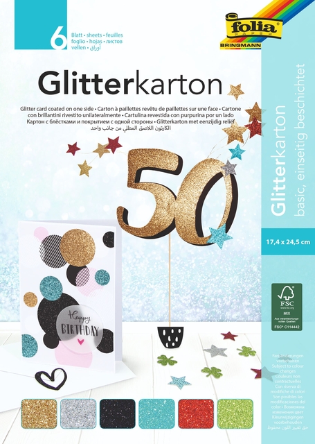 Carton à paillettes Folia 174x245mm bloc 6 couleurs basiques