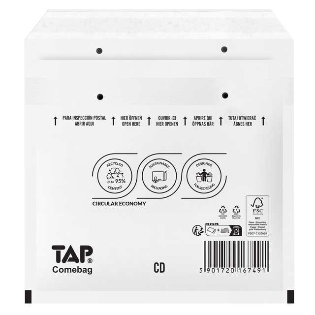 Enveloppe à bulles TAP Comebag pour CD 200x175mm blanc 100 pièces
