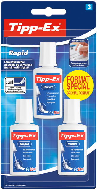 Correcteur liquide Tipp-Ex Rapid 20ml blister 3 pièces