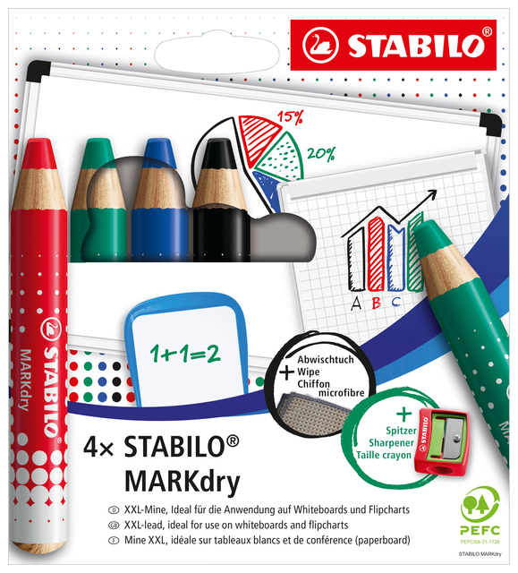 Crayon tableau blanc STABILO MARKdry 648/4 + taille-crayon et microfibre assorti étui 4 pièces