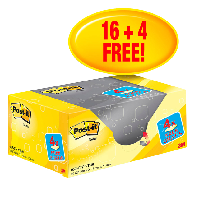 Bloc mémos 3M Post-it 653 38x51mm jaune 16+ 4 gratuits
