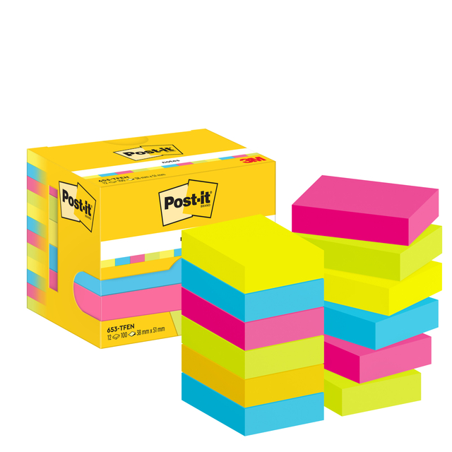 Bloc mémos 3M Post-it 653-TFEN 38x51mm couleur assorti 12 pièces