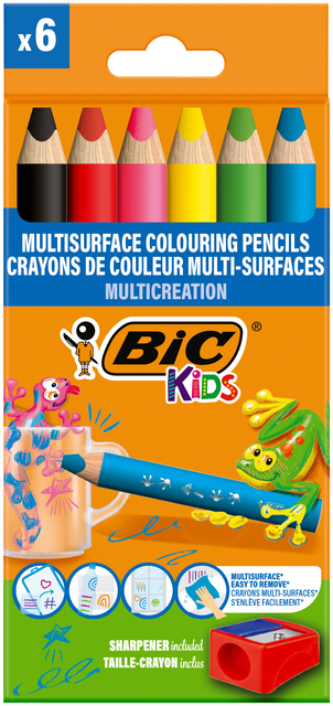 Kleurpotloden BicKids Multi Surface + puntenslijper assorti 6 stuks