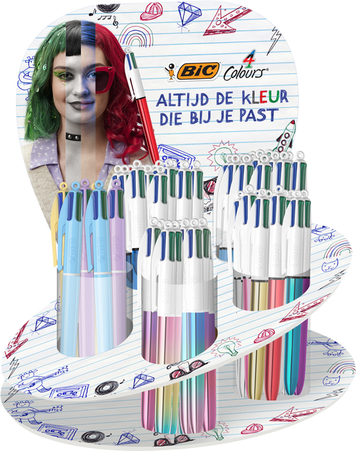 Stylo bille BIC 4 couleurs Medium assorti présentoir 60 pièces