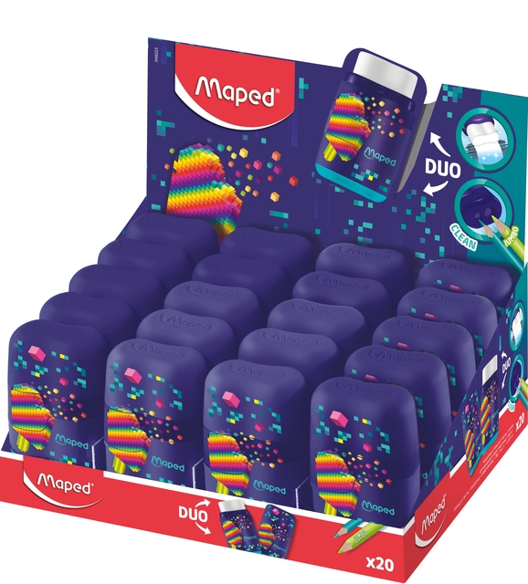 Puntenslijper Maped Pixel Party Connect 2-gaats met gum display à 20 stuks