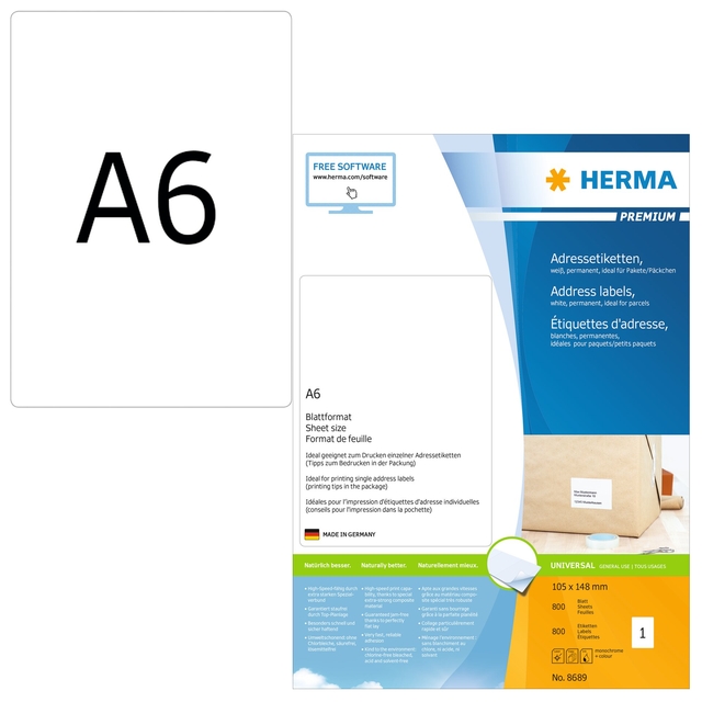 Etiket HERMA 8689 105x148mm premium wit 800 stuks