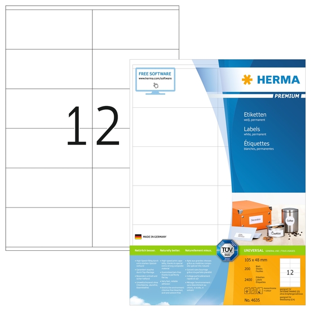 Etiquette HERMA Premium 4635 105x48mm blanc 2400 étiquettes