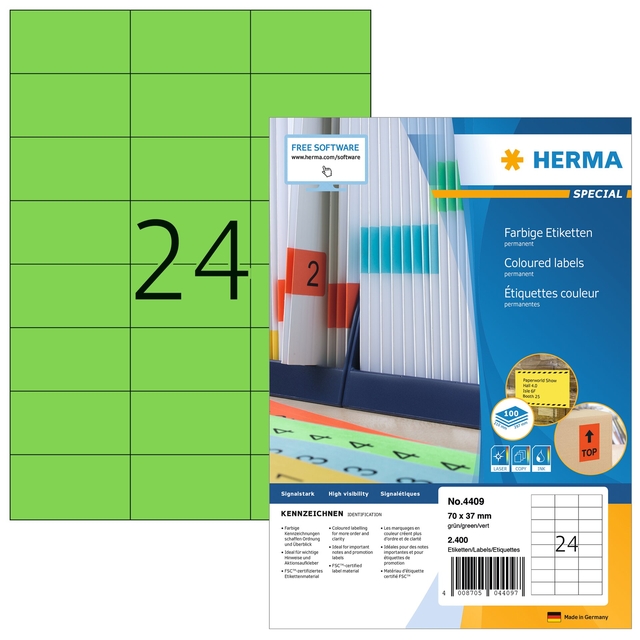 Etiquette HERMA 4409 70x37mm vert 2400 pièces