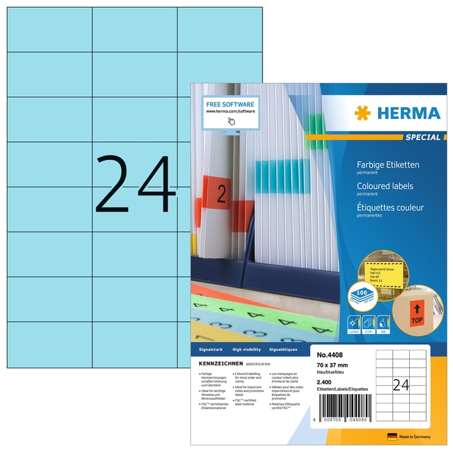 Etiket HERMA 4408 70x37mm blauw 2400 stuks