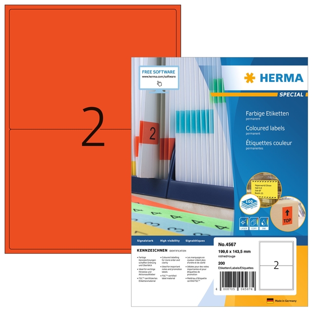 Etiket HERMA 4567 199.5x143.5mm rood 200 stuks