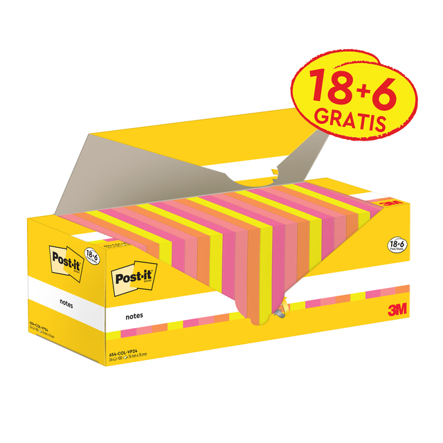 Notes 3M Post-it 654-COL 76x76mm couleurs assorti lot promo