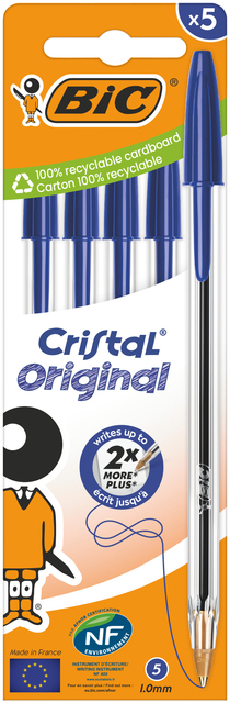 Stylo bille BIC Cristal Medium bleu blister 5 pièces