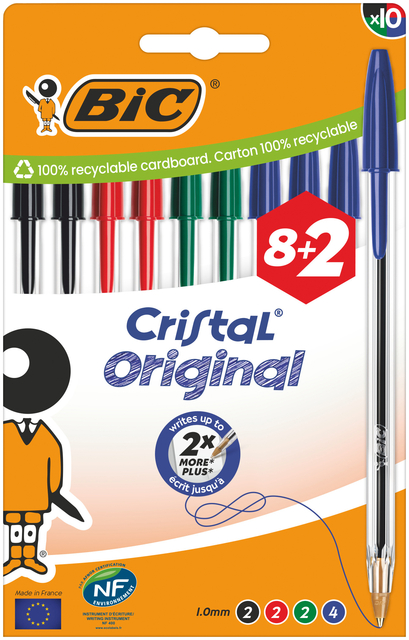 Stylo bille BIC Cristal Medium bleu blister 8 + 2 gratuits