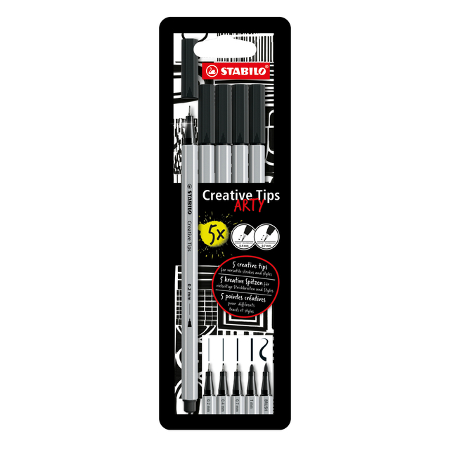 Feutre Creative Tips STABILO Arty pointes assorties noir blister 5 pièces
