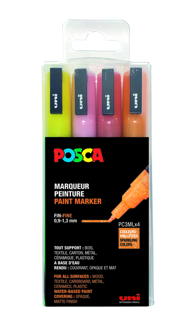 Marqueur peinture Posca PC3M Fin couleurs chaudes pailletées set 4 pièces