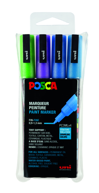 Paintmarker Uni POSCA PC3M fijn glitter koel assorti set à 4 stuks