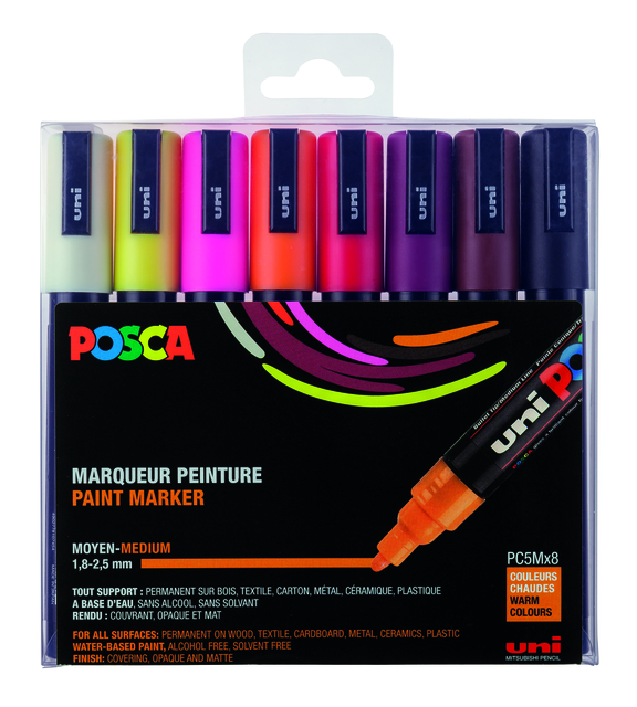 Marqueur peinture Posca PC5M Medium Couleurs chaudes set 8 pièces jaune fluo