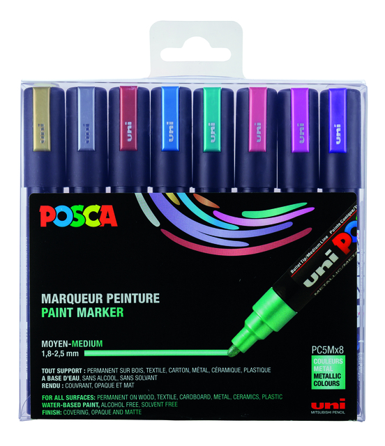Paintmarker Uni POSCA PC5M medium metallic assorti set à 8 stuks