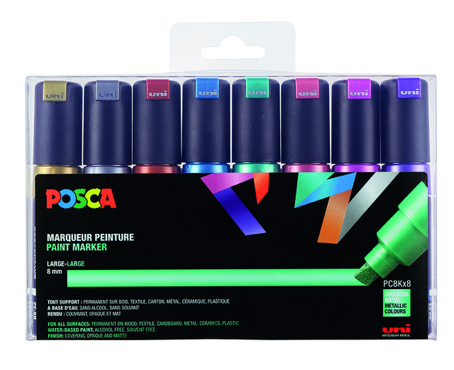Paintmarker Uni POSCA PC8K breed schuin metallic assorti set à 8 stuks