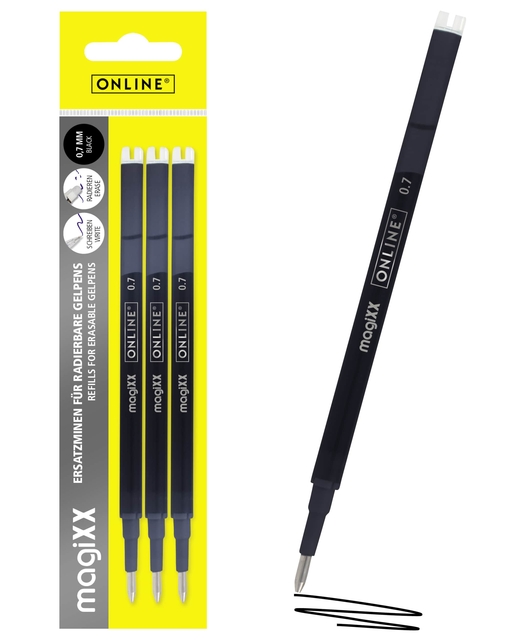 Recharge stylo gel Online Magixx 0,7mm noir blister 3 pièces